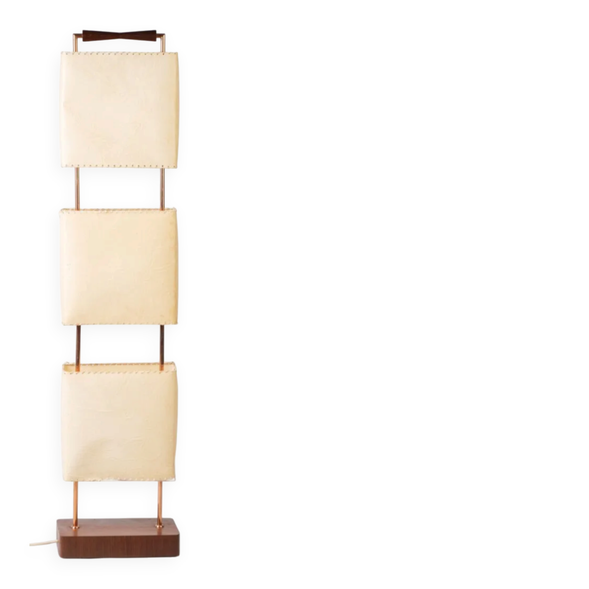 Wood and copper metal floor lamp with parchment.