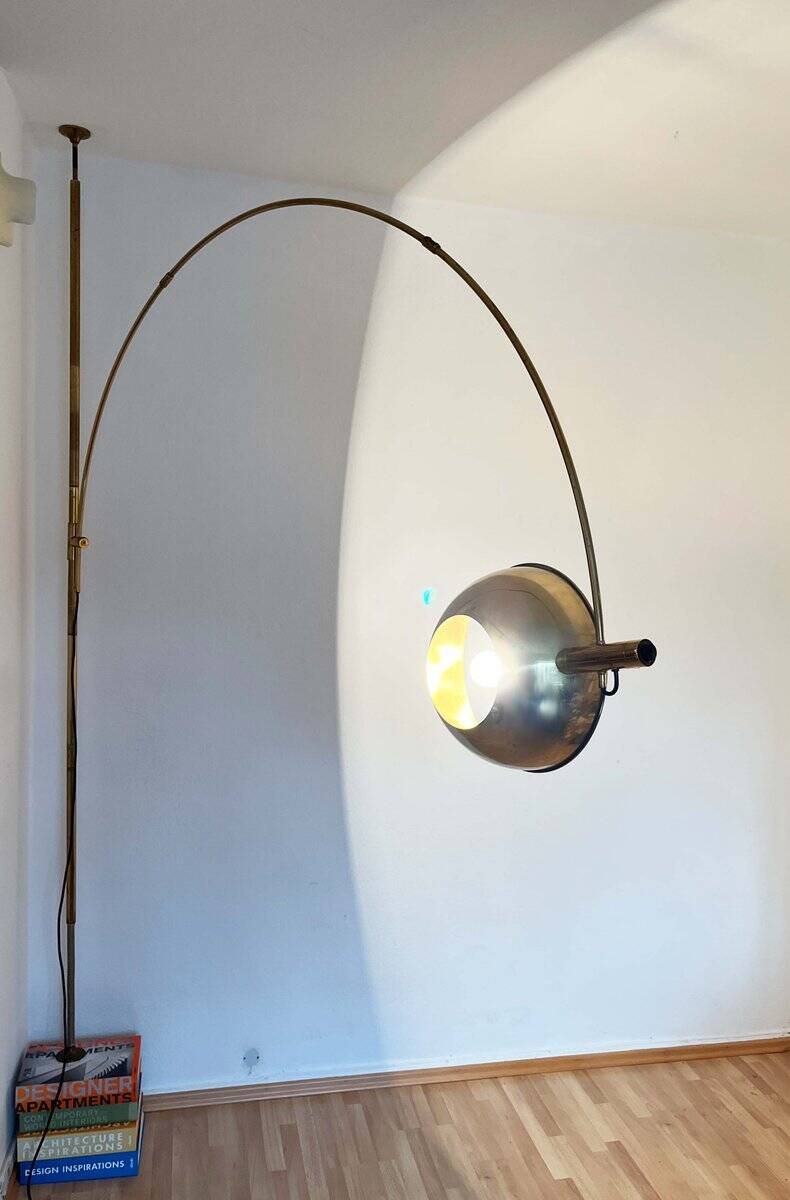 German Postmodern Vintage Brass Arc Floor Lamp with Clamp Rod attributed to Florian Schulz, 1970s