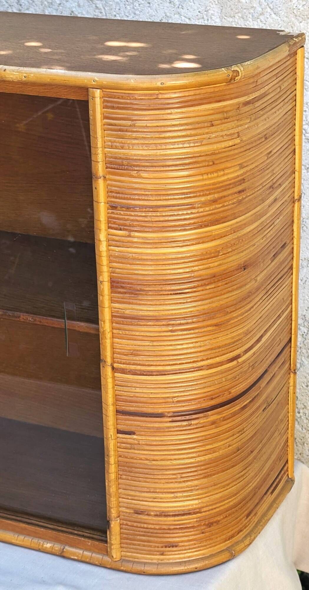 Vintage Glass Wall Shelf in Wood and Rattan, Rounded Corners