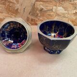 Ancienne bonbonnière boite à bijoux céramique bleu cobalt & dorée vintage