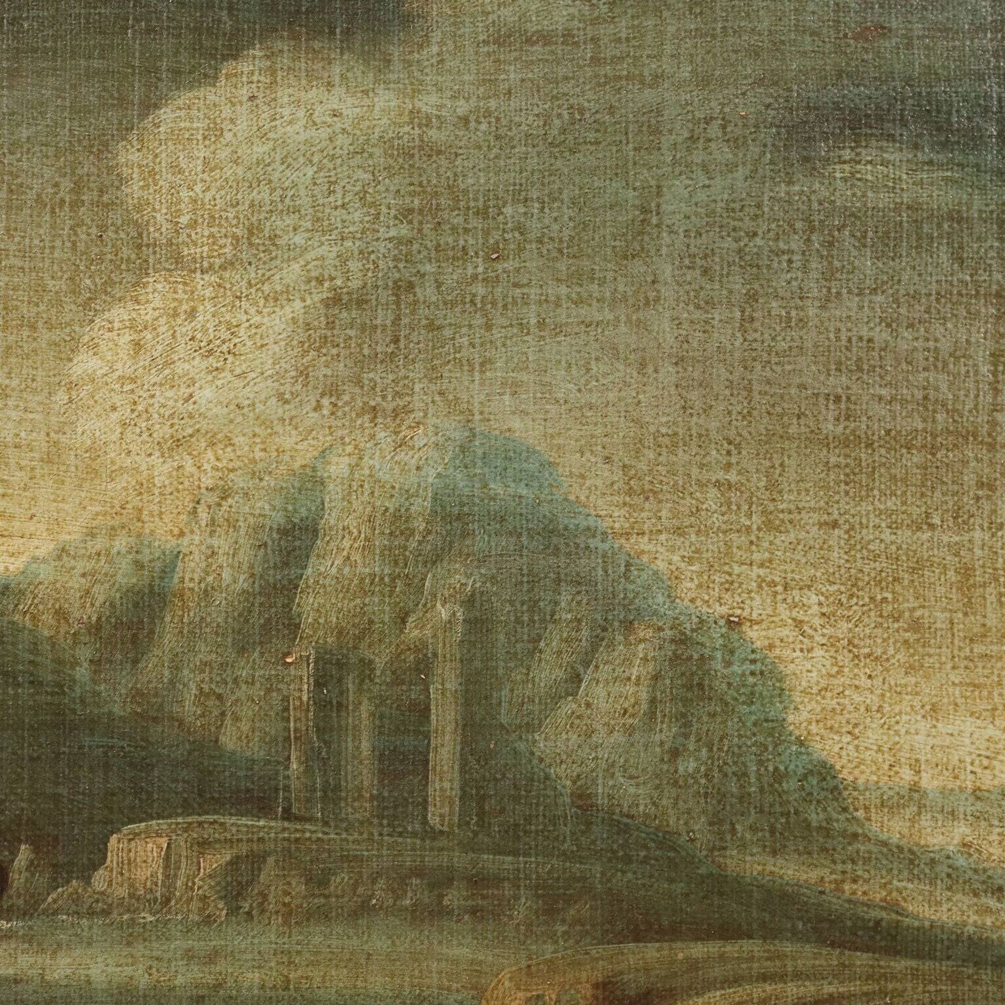 Ancient painting of a landscape with shepherds and herds, 18th century.
