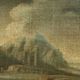 Ancient painting of a landscape with shepherds and herds, 18th century.
