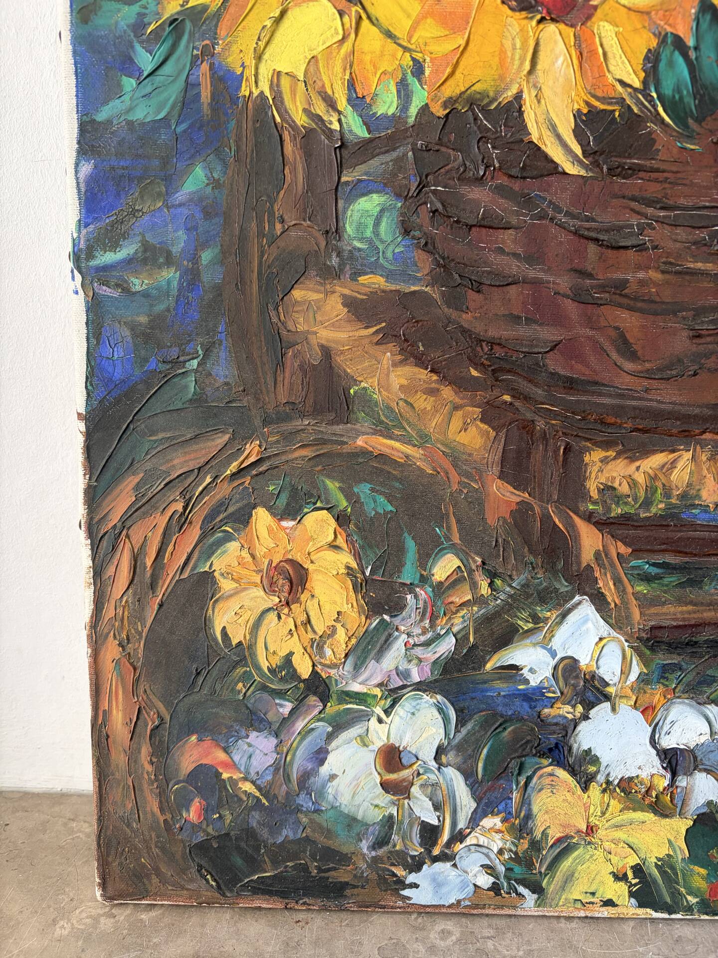 Basket of sunflowers, knife oil