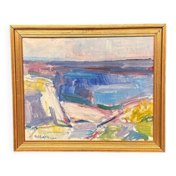 Huile sur toile originale suédoise – “Paysage côtier” par Arthur Y. Nilsson – Signé – Vintage et encadré