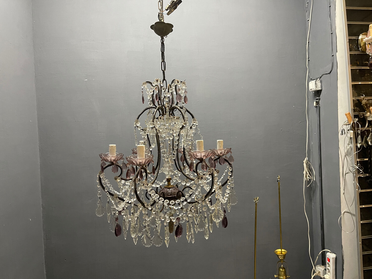 Chandelier vintage en cristal italien avec bobeches en verre lilas, 1