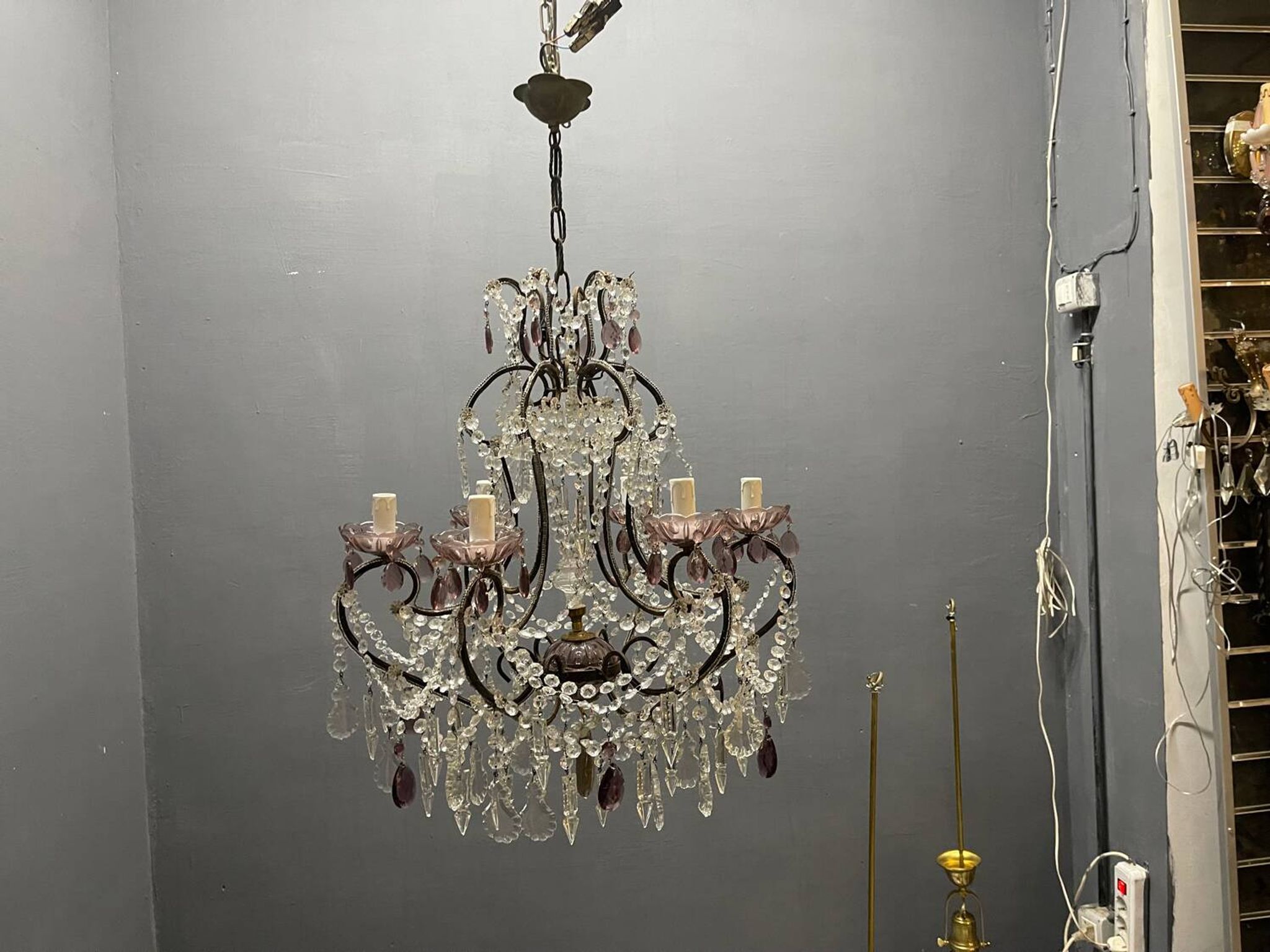 Vintage Italian Crystal Beaded Chandelier with Lilac Glass Bobeches, 1