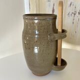 Old varnished stoneware pickle pot with tongs