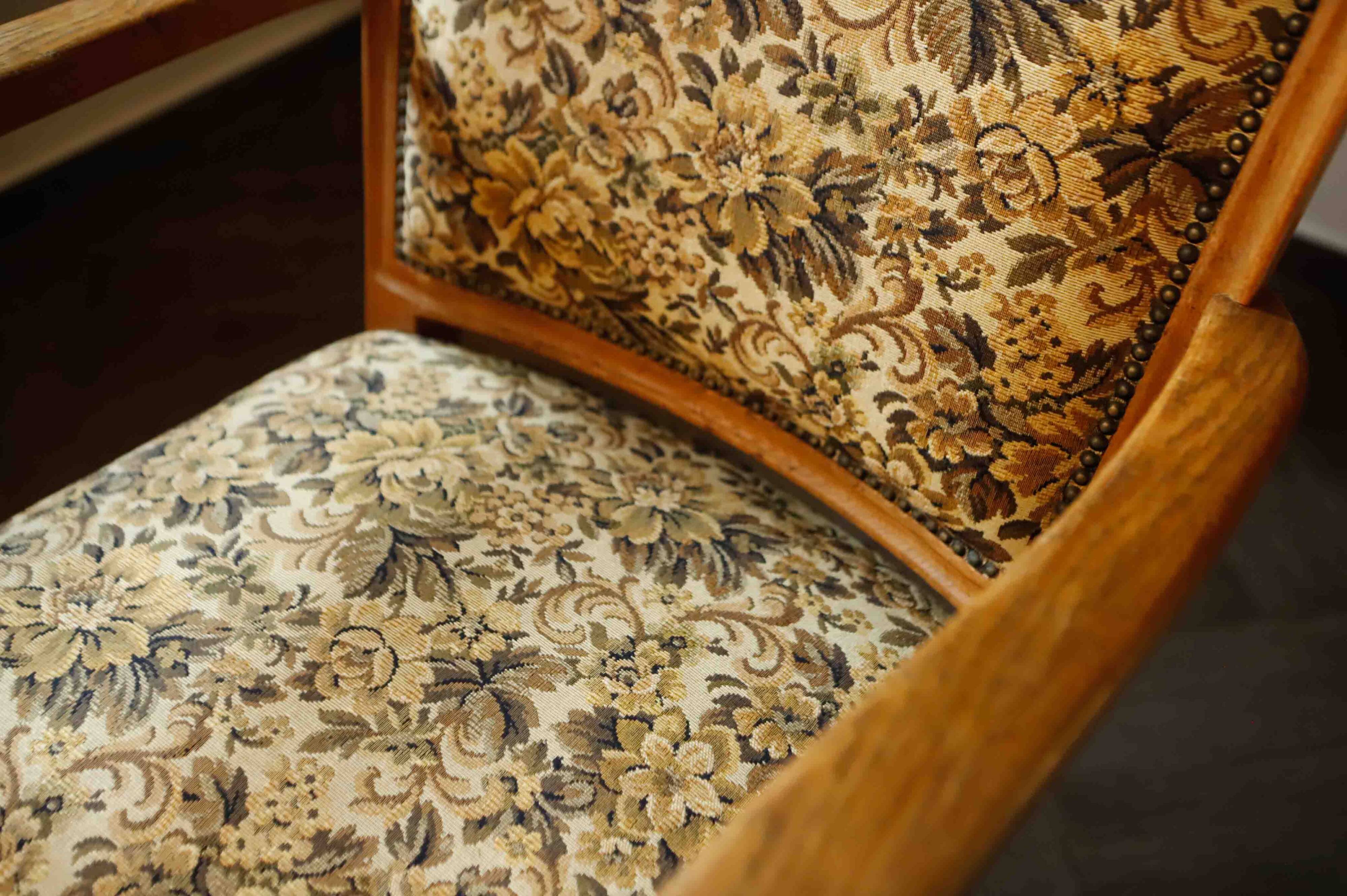 Vintage Salon Armchair with Floral Tapestry Upholstery and Scroll Armrests
