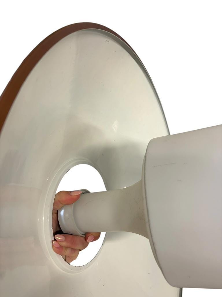 Vintage orange rust metal pendant light with opaline glass.