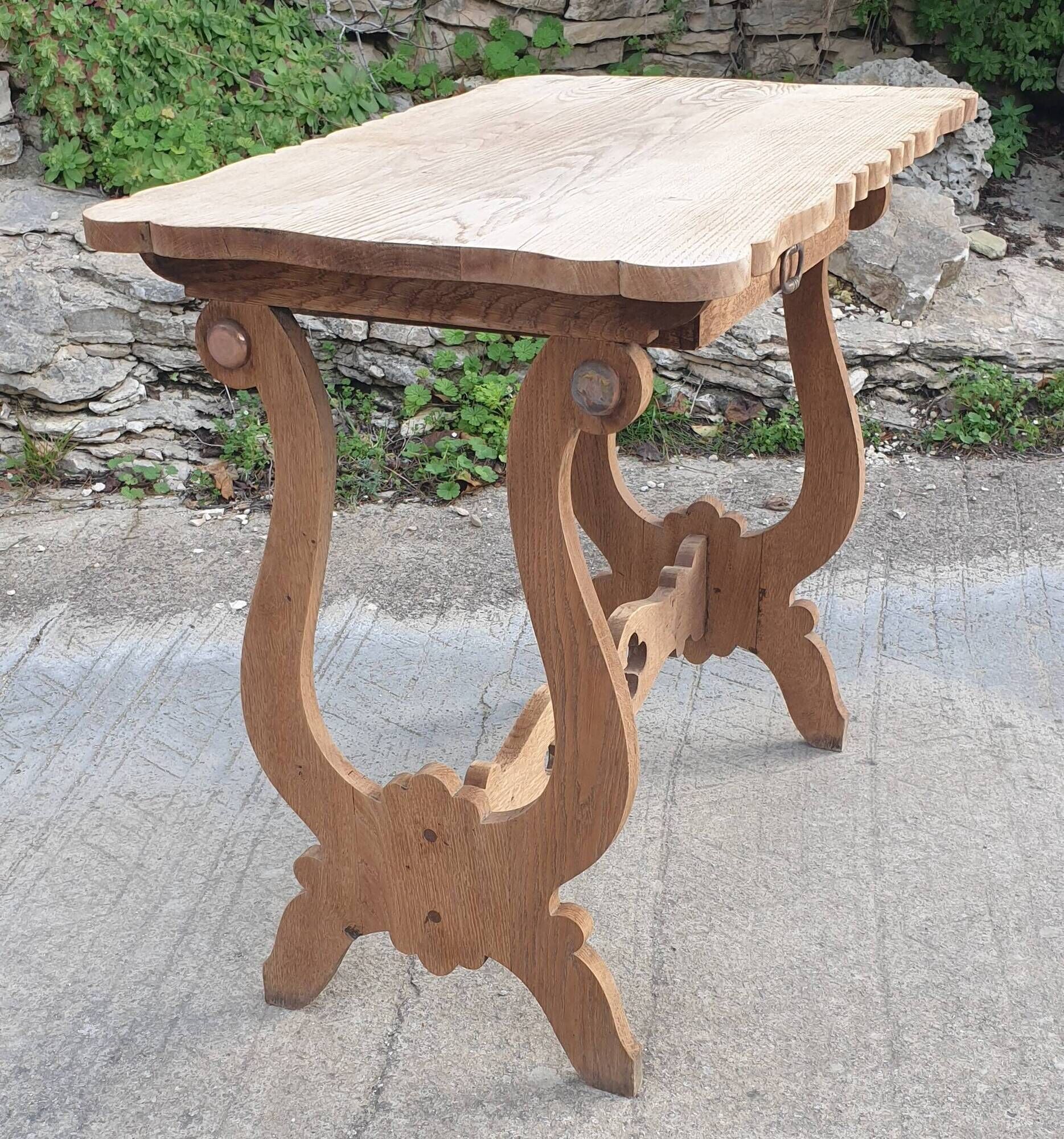 Lyre leg table in natural wood, one drawer, vintage