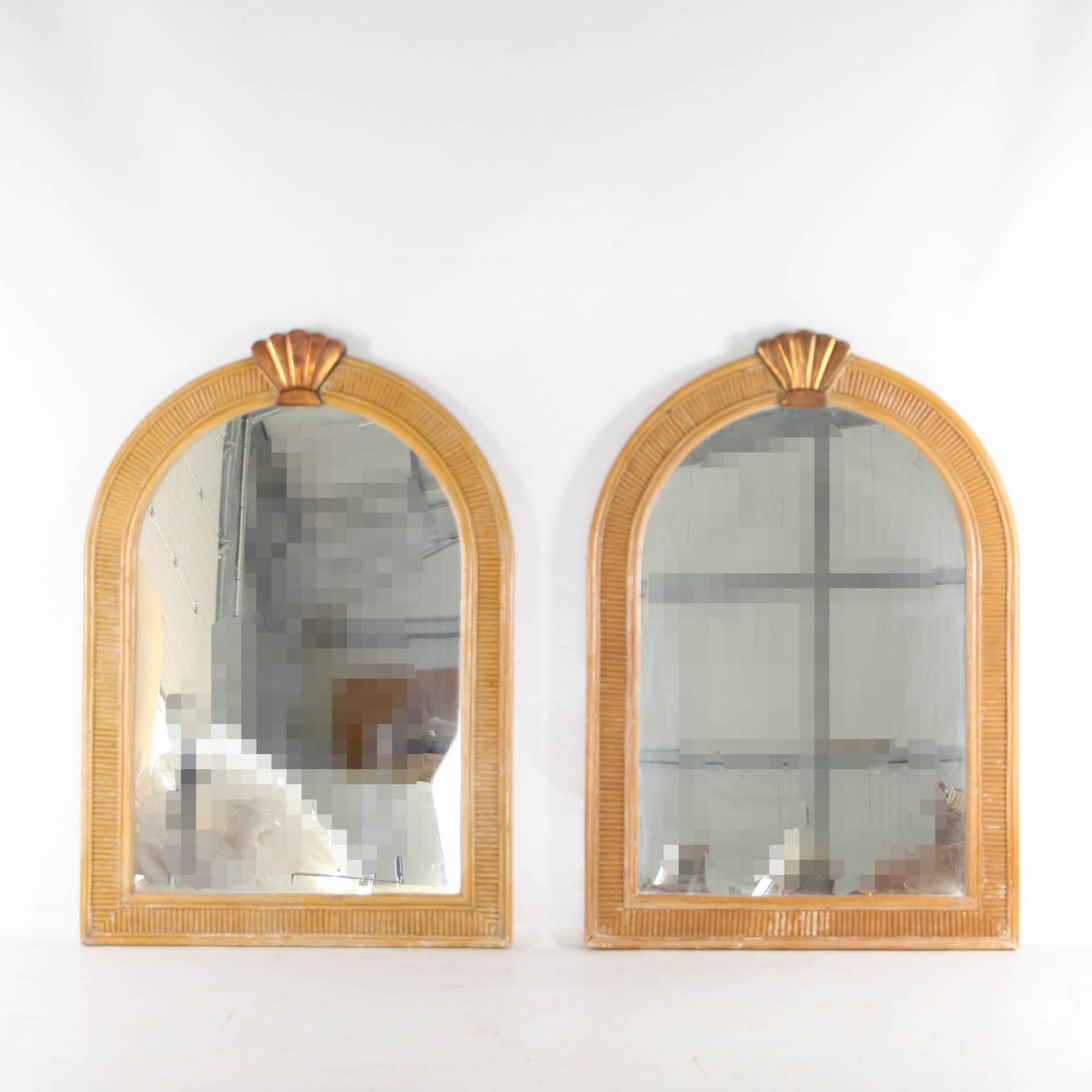 Pair of rattan and copper mirrors