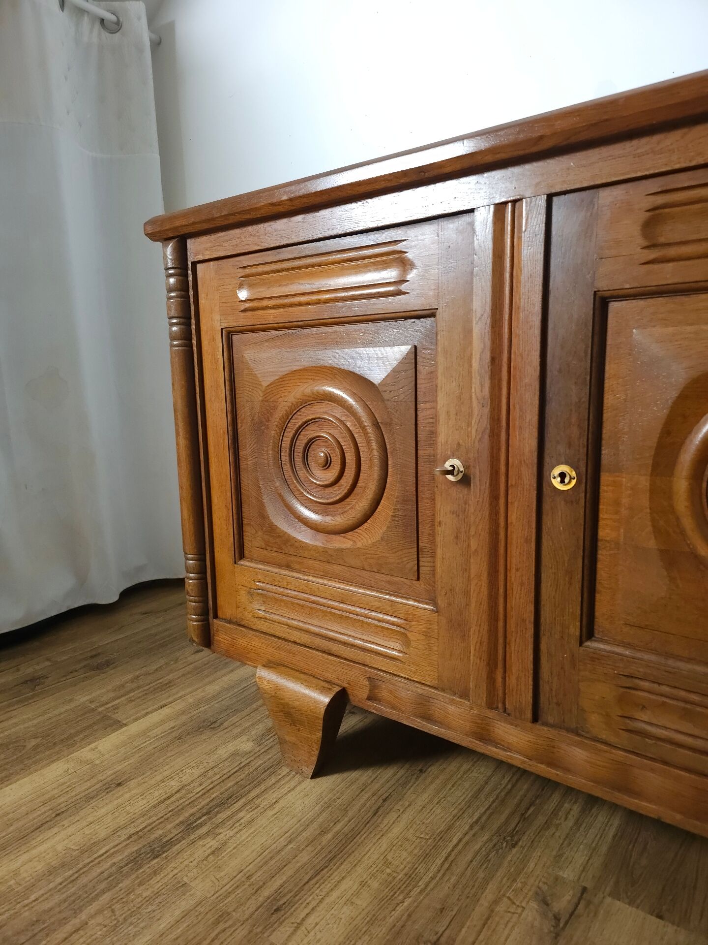 Solid oak sideboard, brutalist and Art Deco work, mid-century.