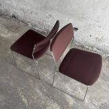 Set of 3 Howe 40/4 stackable chairs in burgundy fabric — Chrome frame, mid-century style