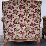 Antique Louis XV style shepherdess armchair in floral flocked fabric