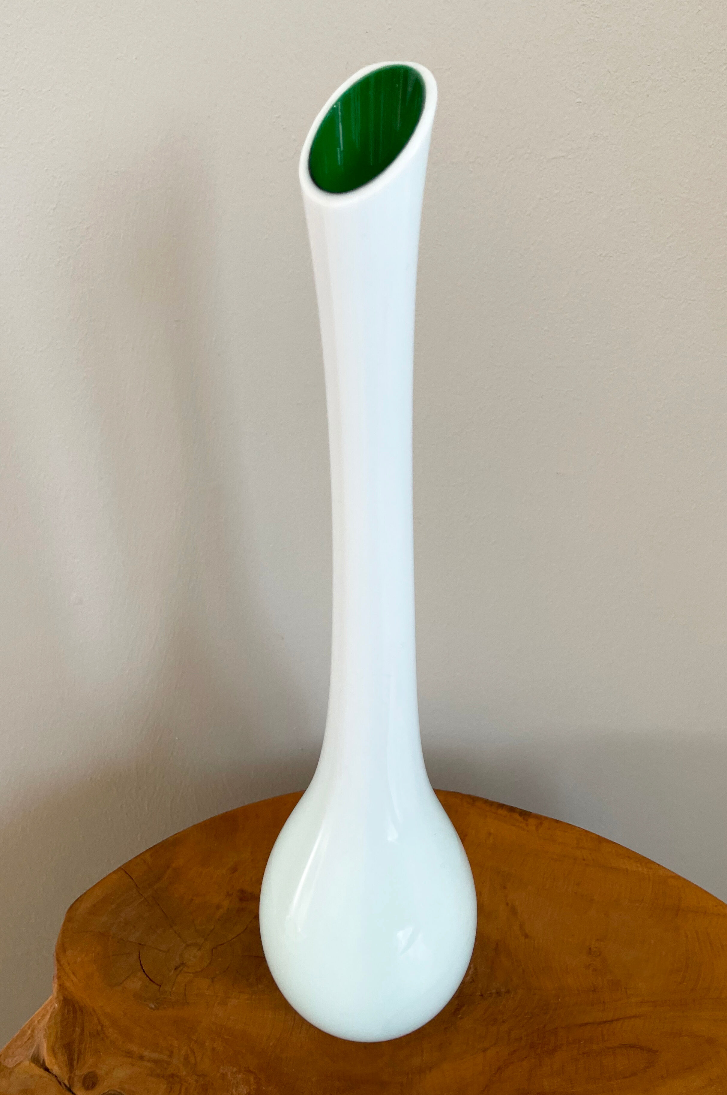 White and Green Long-Neck Vase, Handblown Coloured Glass, Single Flower Vase