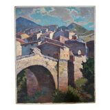 Painting signed sunny village soft colors