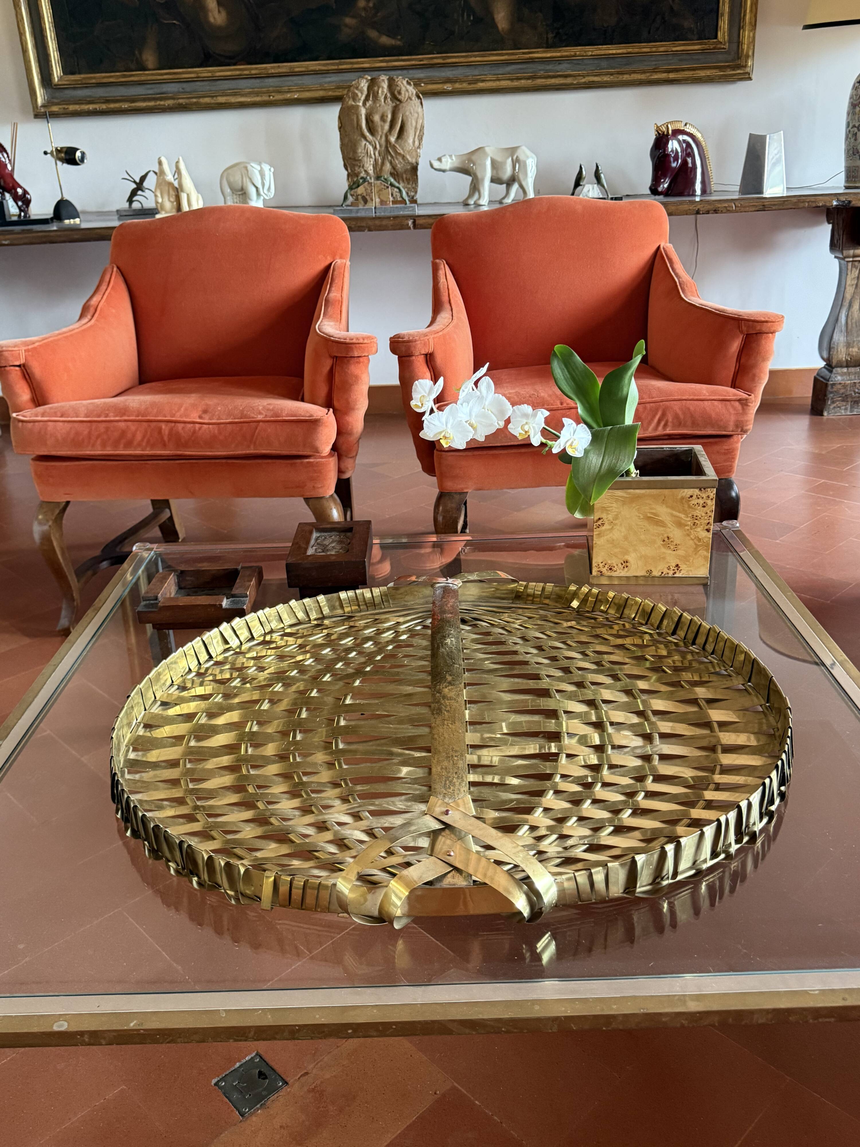 Hollywood regency monumental braided brass tray / centerpiece, Italy  1970