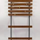 Wall coat rack by Carl Aubock with 5 brass hooks, walnut, iron, Austria, 1950s.