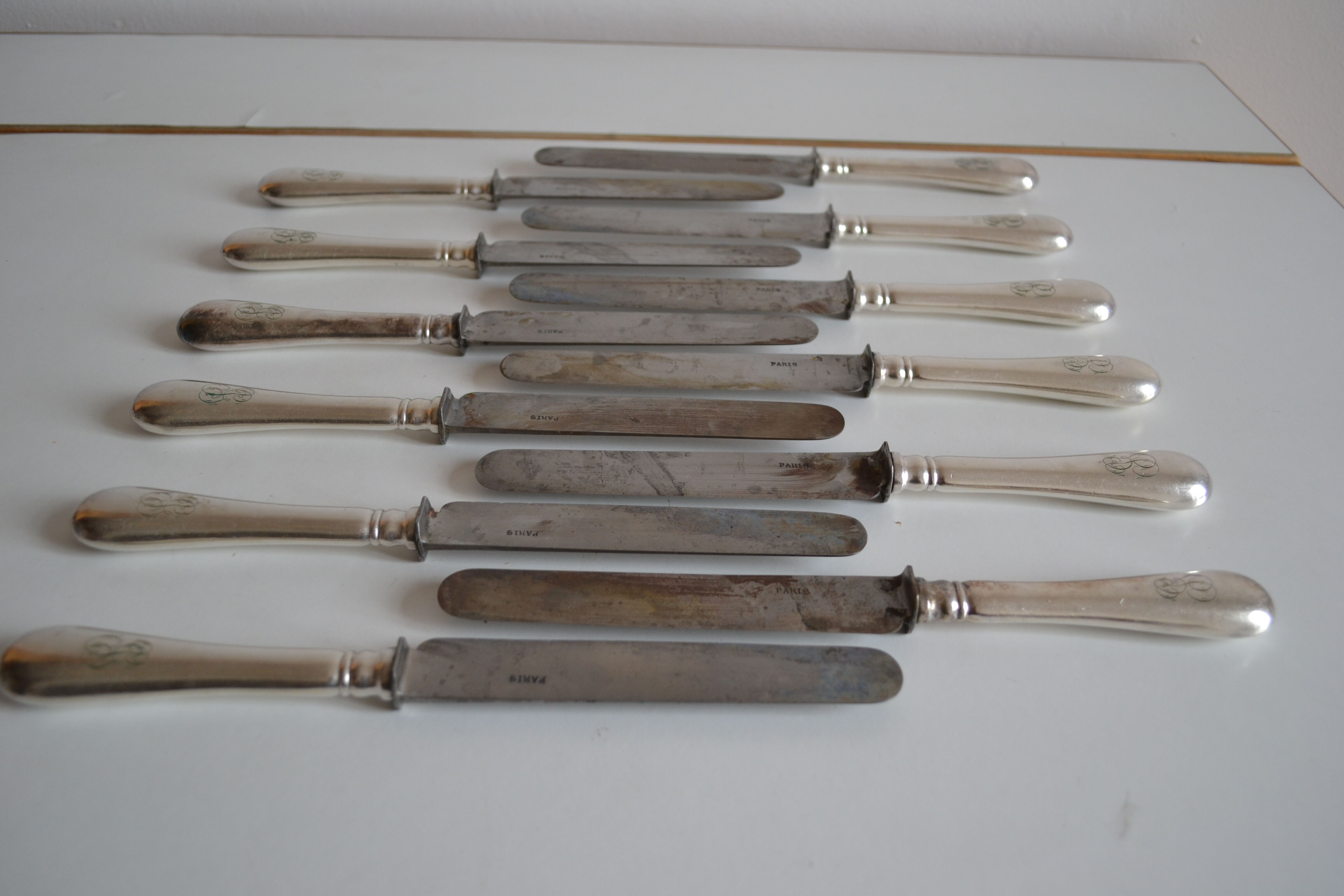 12 antique metal silver monogram table knives