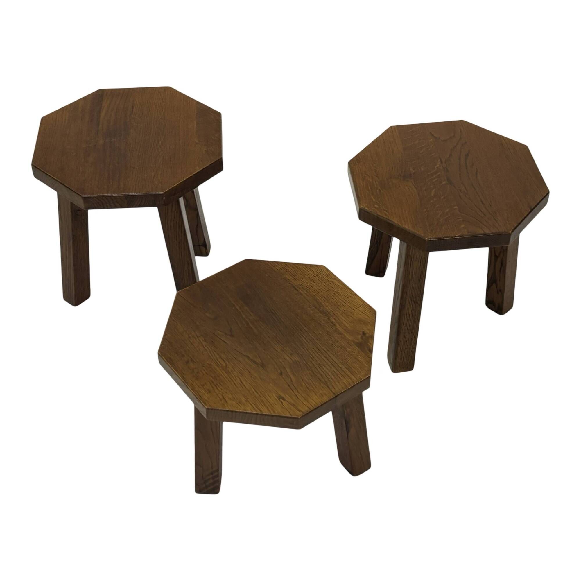 Tables d'appoint hexagonales brutalistes en chêne, années 1950, lot de 3
