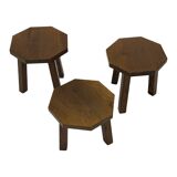 Tables d'appoint hexagonales brutalistes en chêne, années 1950, lot de 3