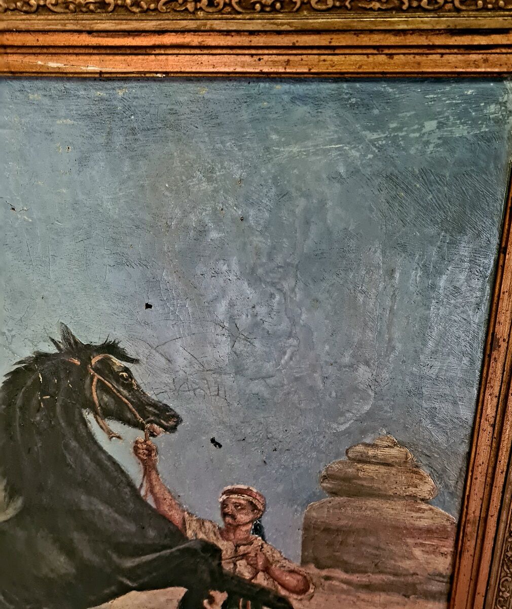 Peinture orientale d’un cheval avec une personne par Alexis de Reus 1908