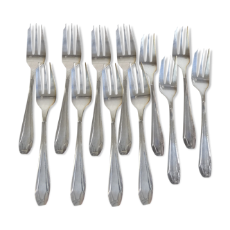 Service serving 12 small Art Deco forks made of silver metal Silver Apollo