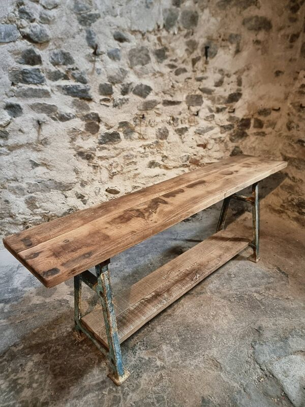 Îlot de cuisine industriel / table console avec base en fonte – France, milieu du XXe siècle