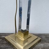 Plexiglas and brass lamp with original pagoda-shaped paper lampshade