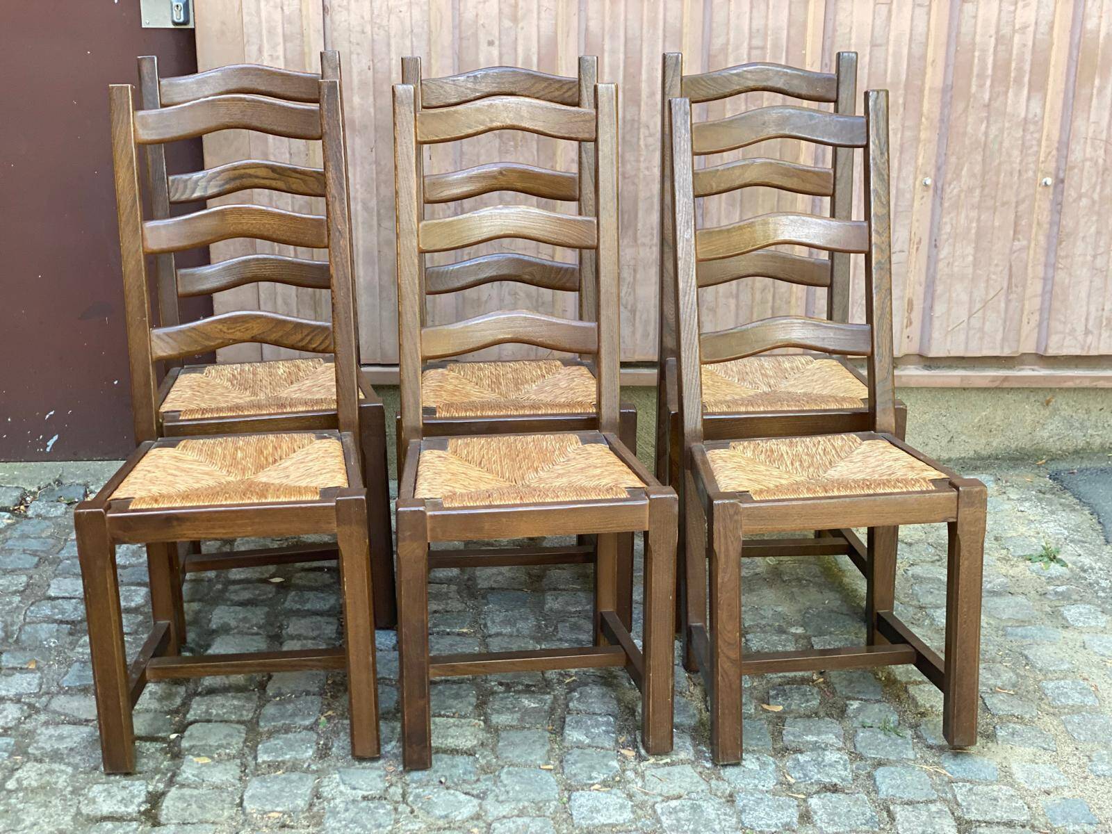 6 chaises à manger bois massif foncé paillées des années 70