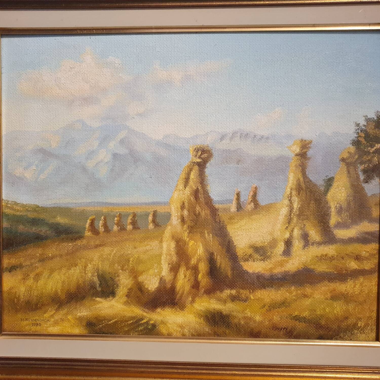 Oil painting on wood, harvest landscape