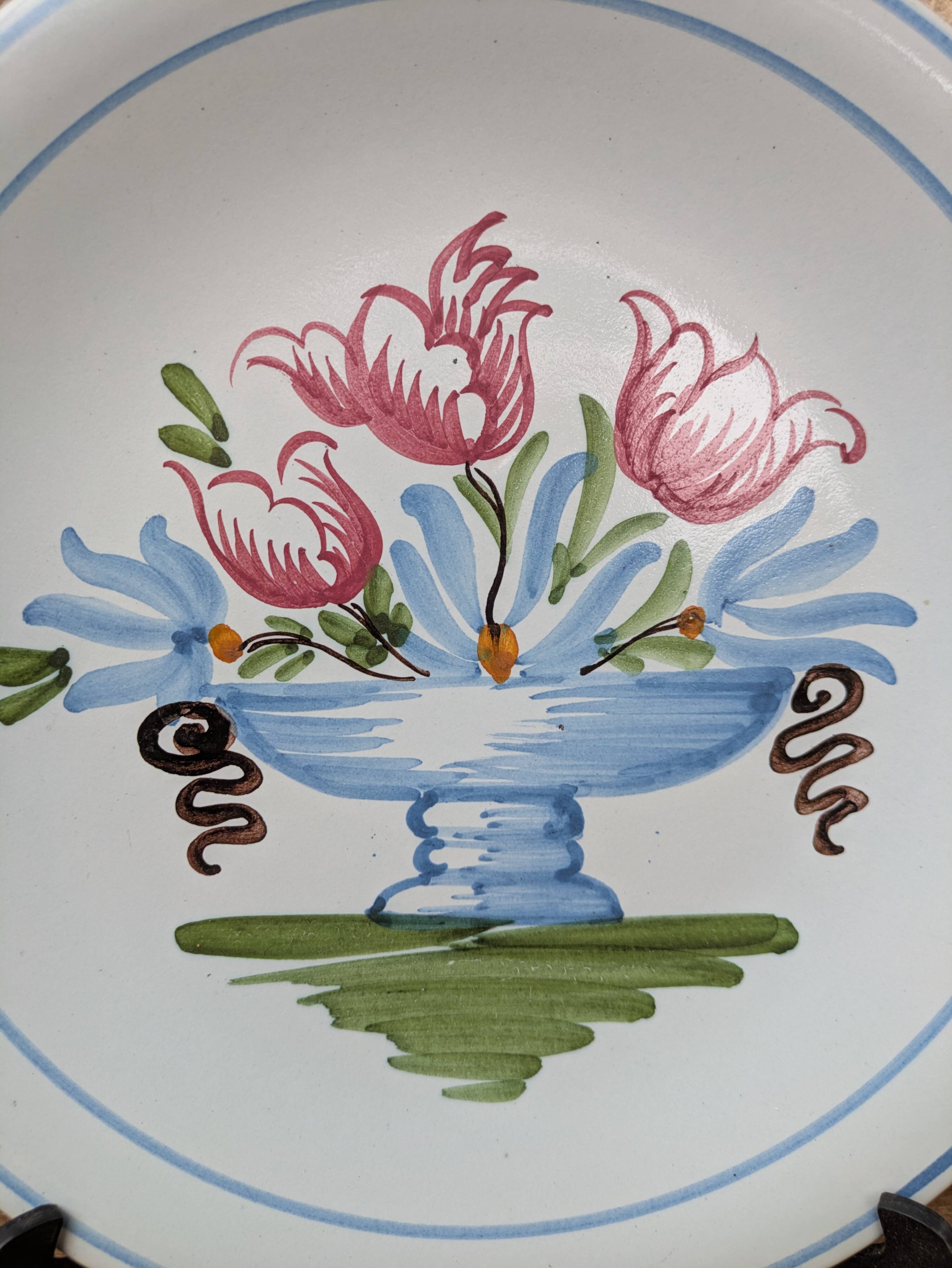 Plate with hand-painted flower bouquet on light blue background 25cm