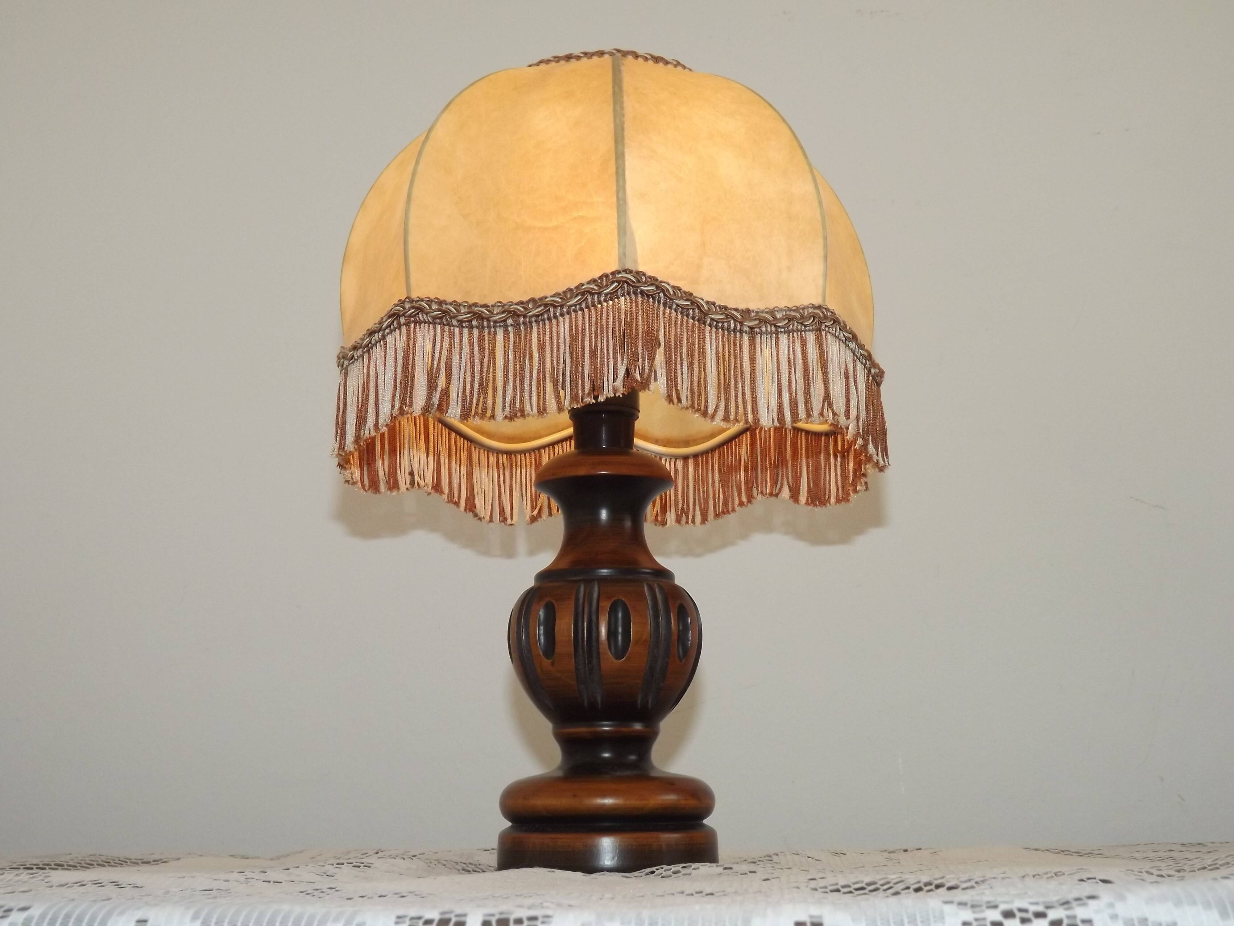 French Mid Century Round Turned Wood Grooved Table Lamp Hide Skin Shade