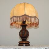 French Mid Century Round Turned Wood Grooved Table Lamp Hide Skin Shade
