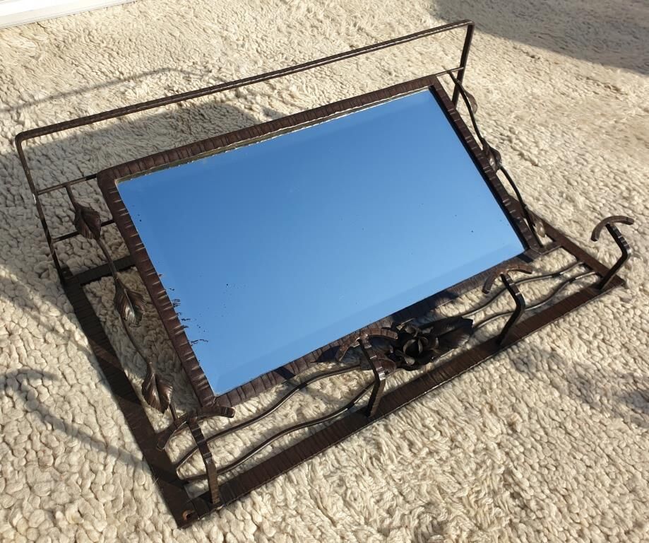Wall coat rack Art Deco 1930 wrought iron 4 hooks and beveled mirror