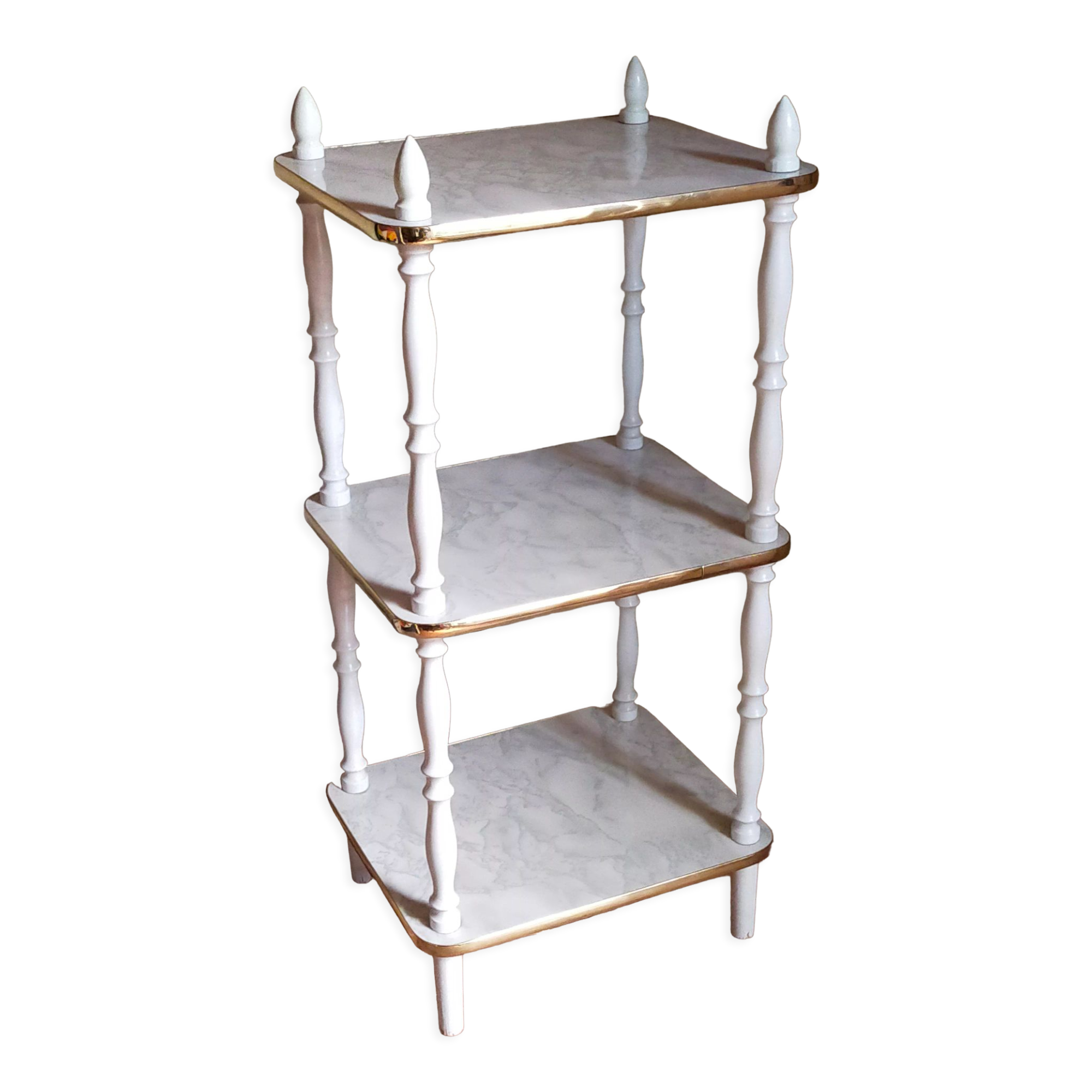 Solid turned wood and formica faux marble shelf to install wood 60s