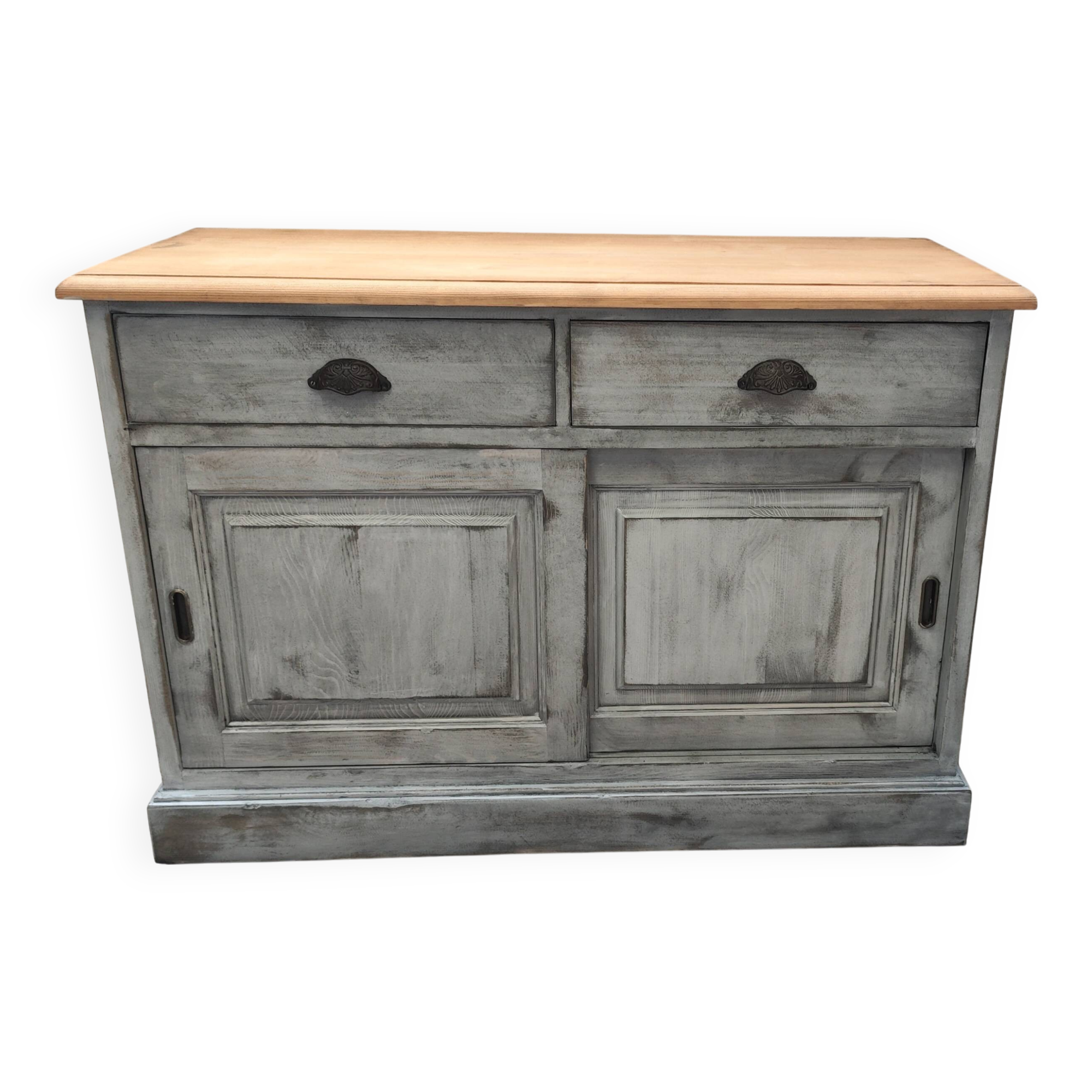 Gray patina furniture with two sliding doors and two drawers
