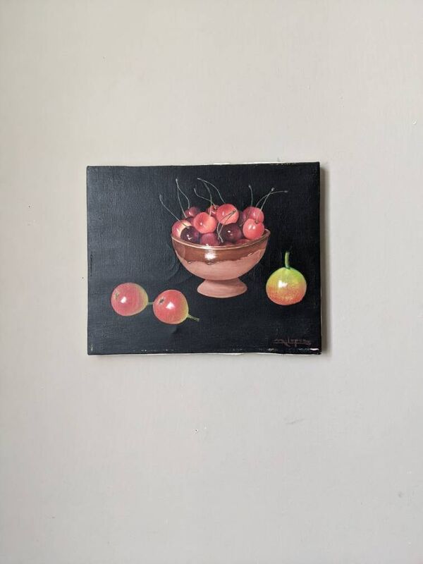 Tableau ancien huile sur toile nature morte décoration campagne bohème