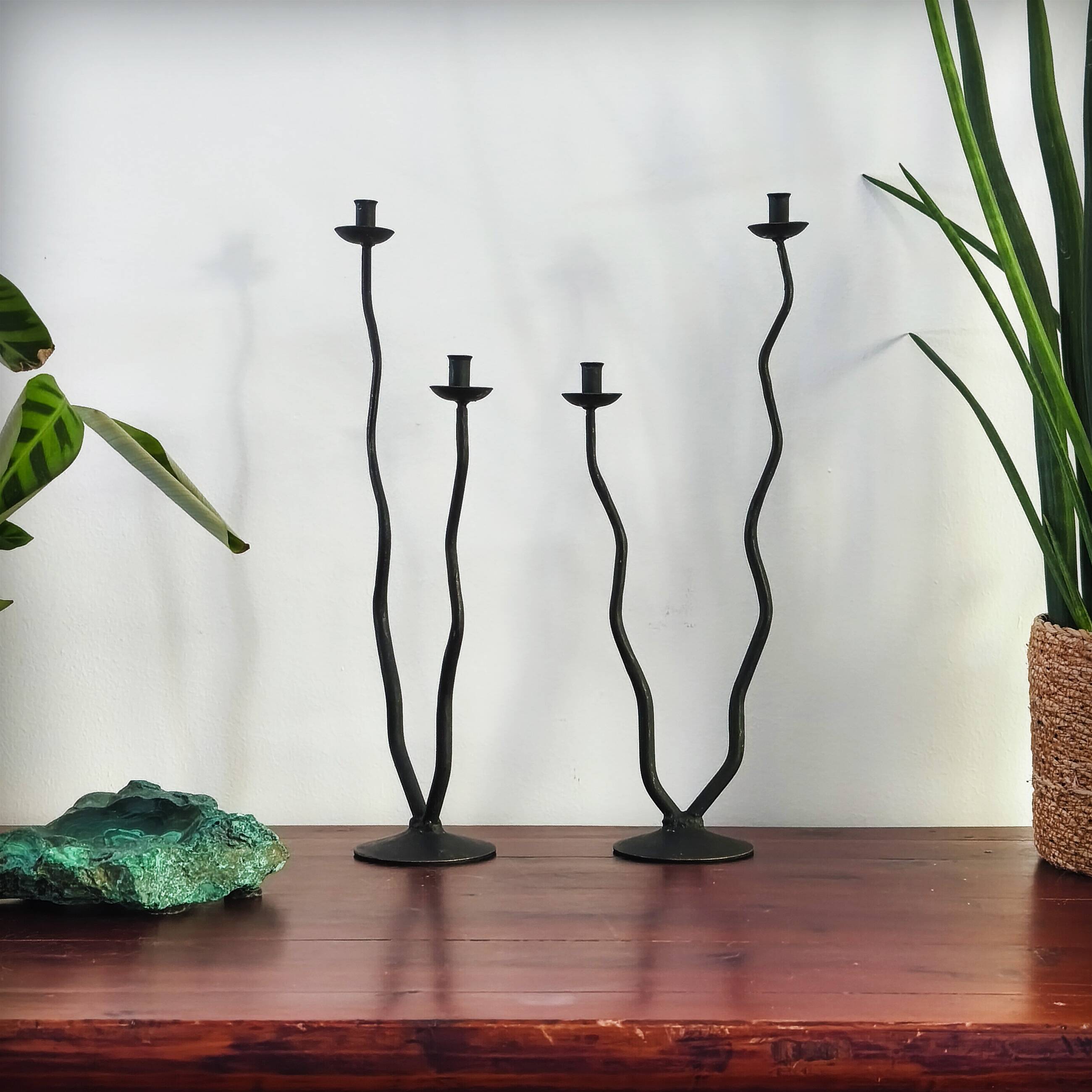 Pair of postmodern brutalist candlesticks in wrought iron, France, 1980s