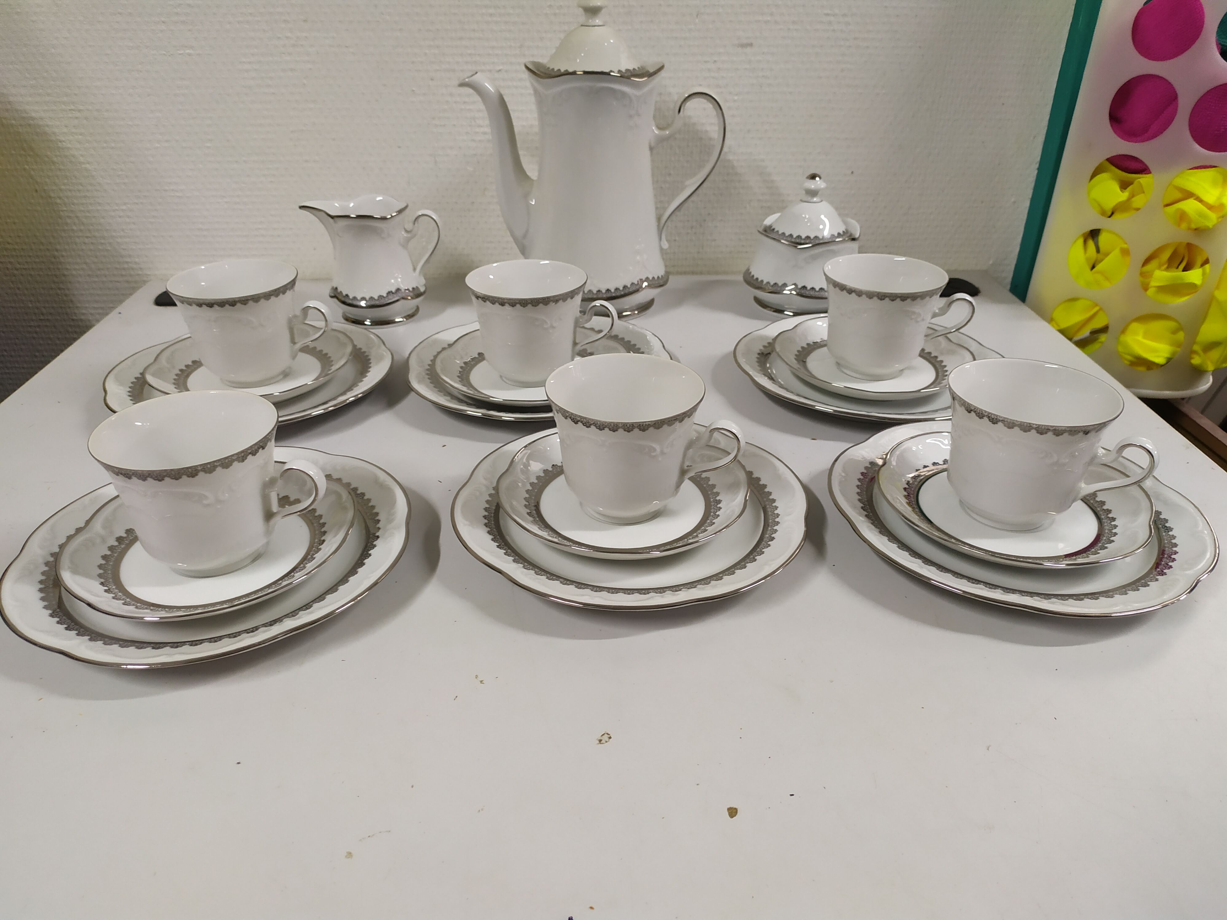 Coffee service for 6 people bavaria white and silver cup plate coffee maker milk pot sugar