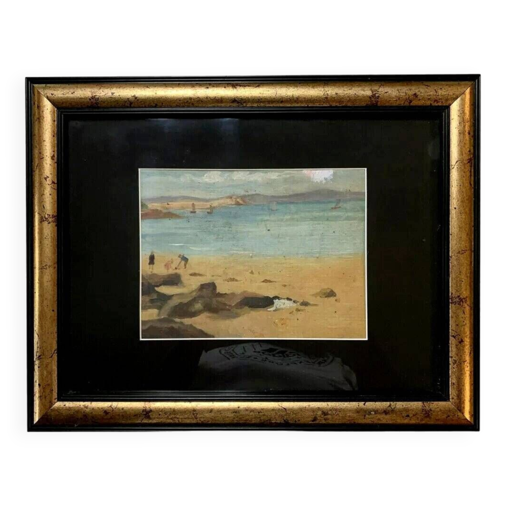 Teurreau: Oil On Canvas Beachside Lively With Characters And Sailboats