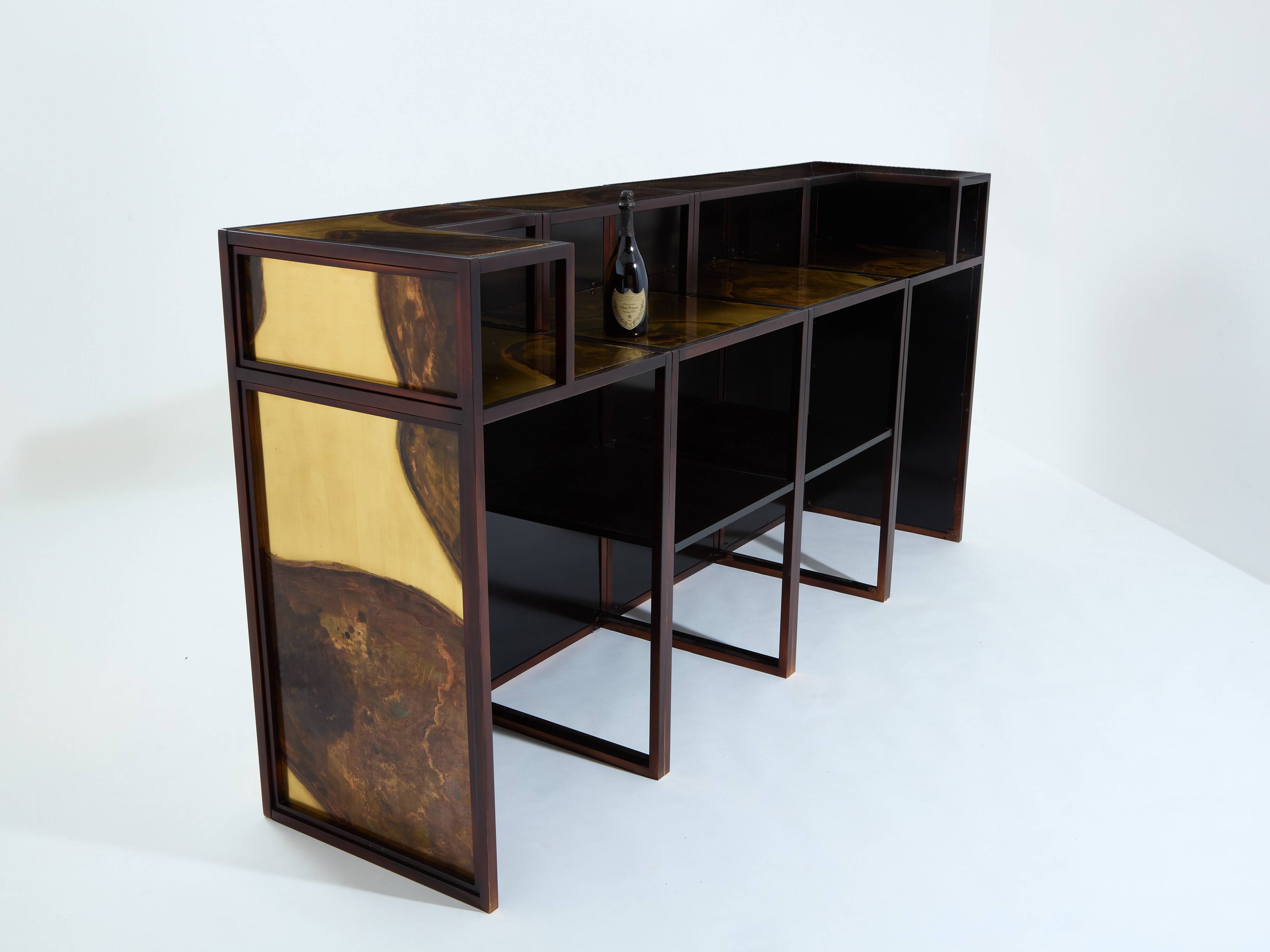 Large oxidized and patinated brass bar by Isabelle and Richard Faure 1970