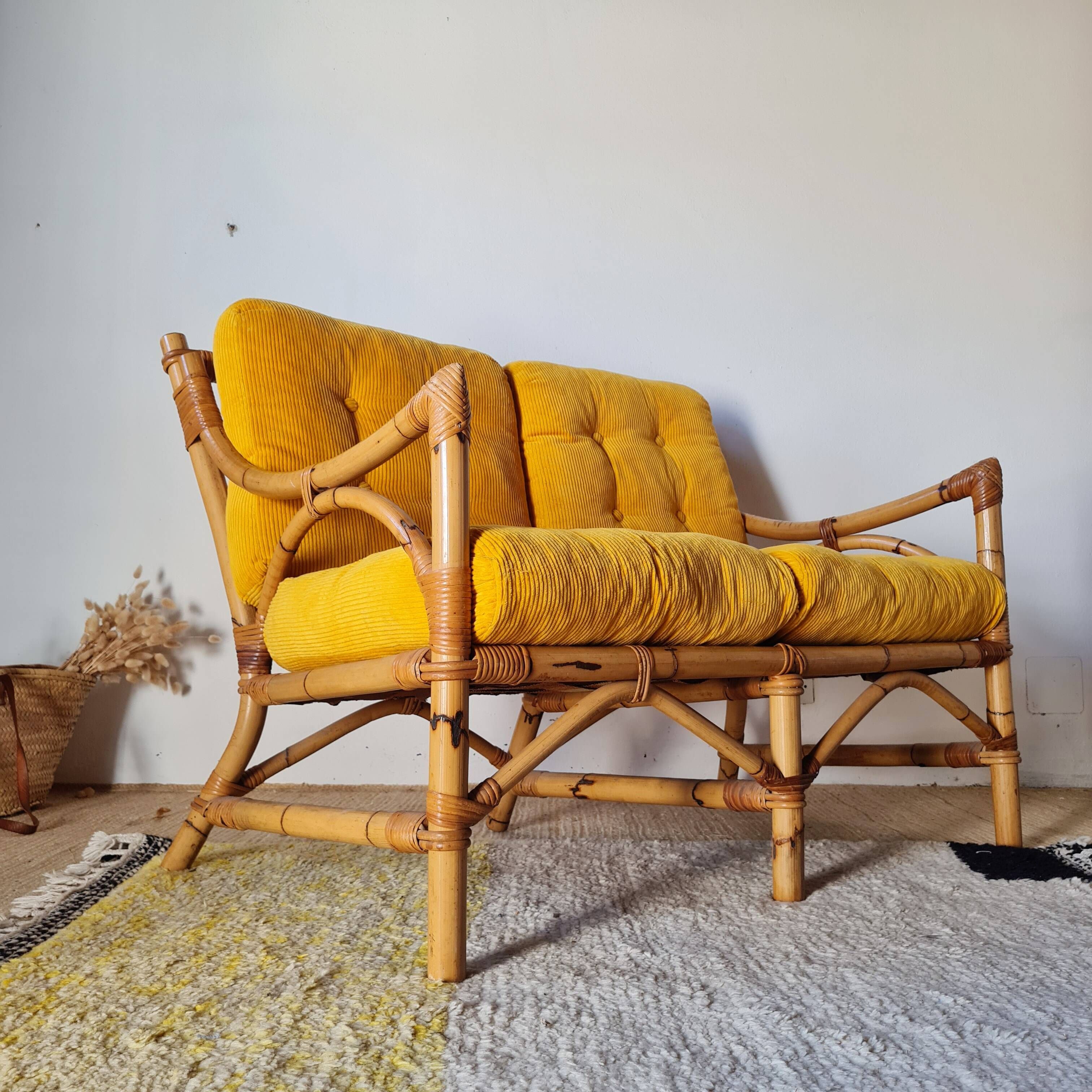 1960s rattan bench - yellow velvet