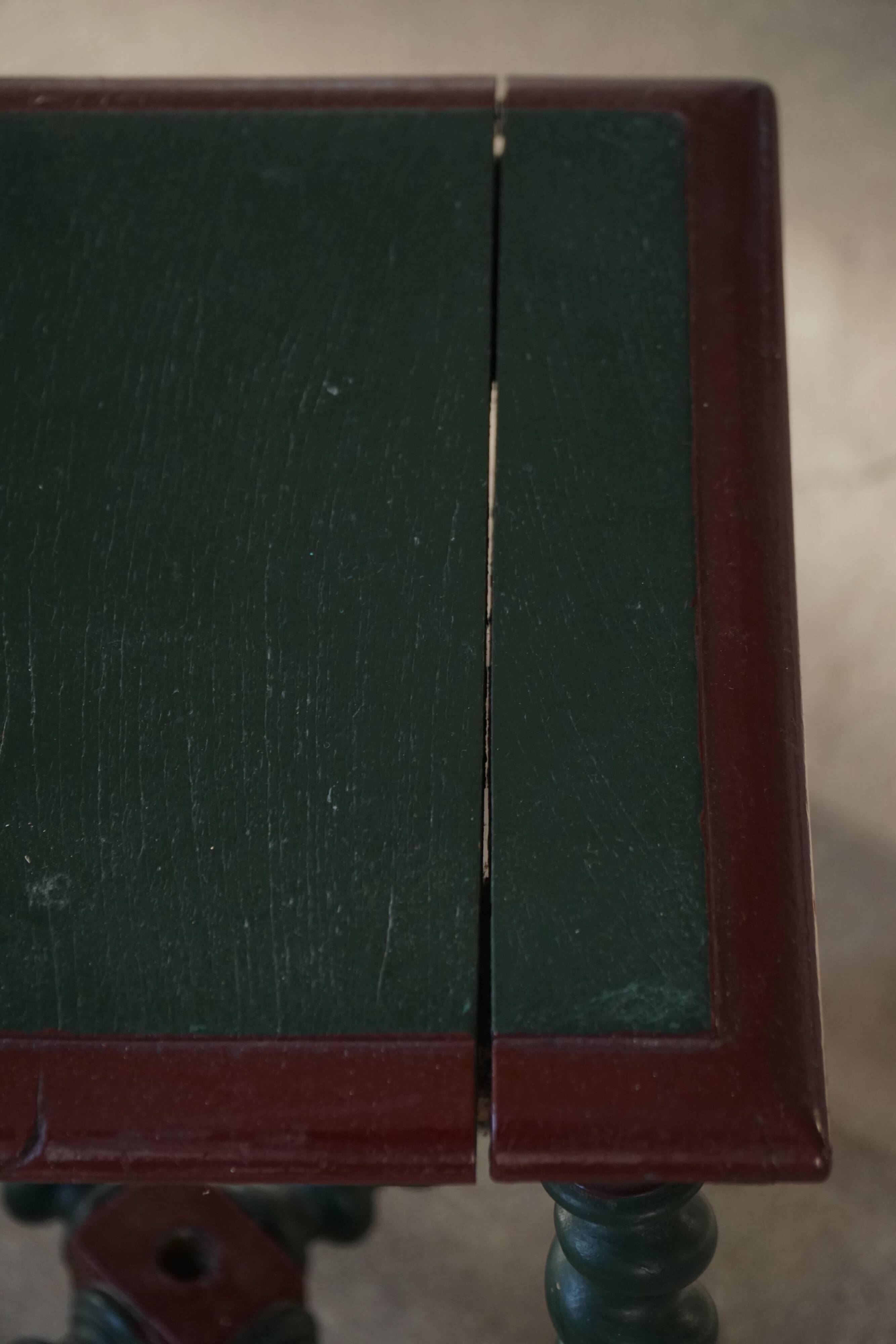 Vintage Scandinavian Stool Painted in Dark Green and Dark Red Wood, Folk Style, 1940s