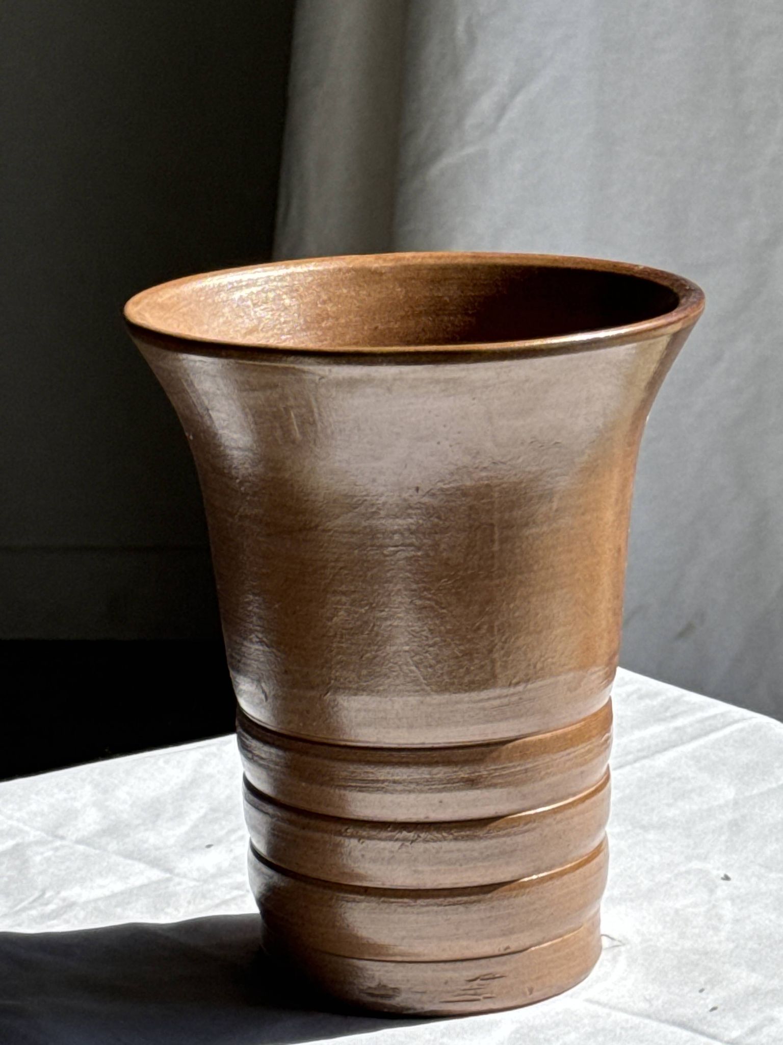 Vintage ceramic vase in glazed brown-orange with stripes H21.5 D19