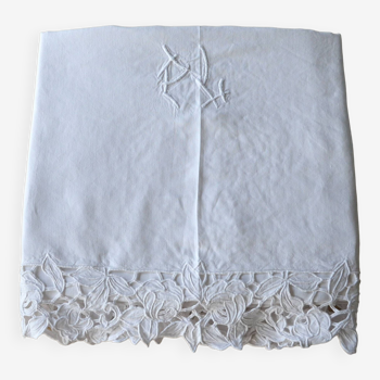 Old white linen sheet with brogue embroidery and monogram