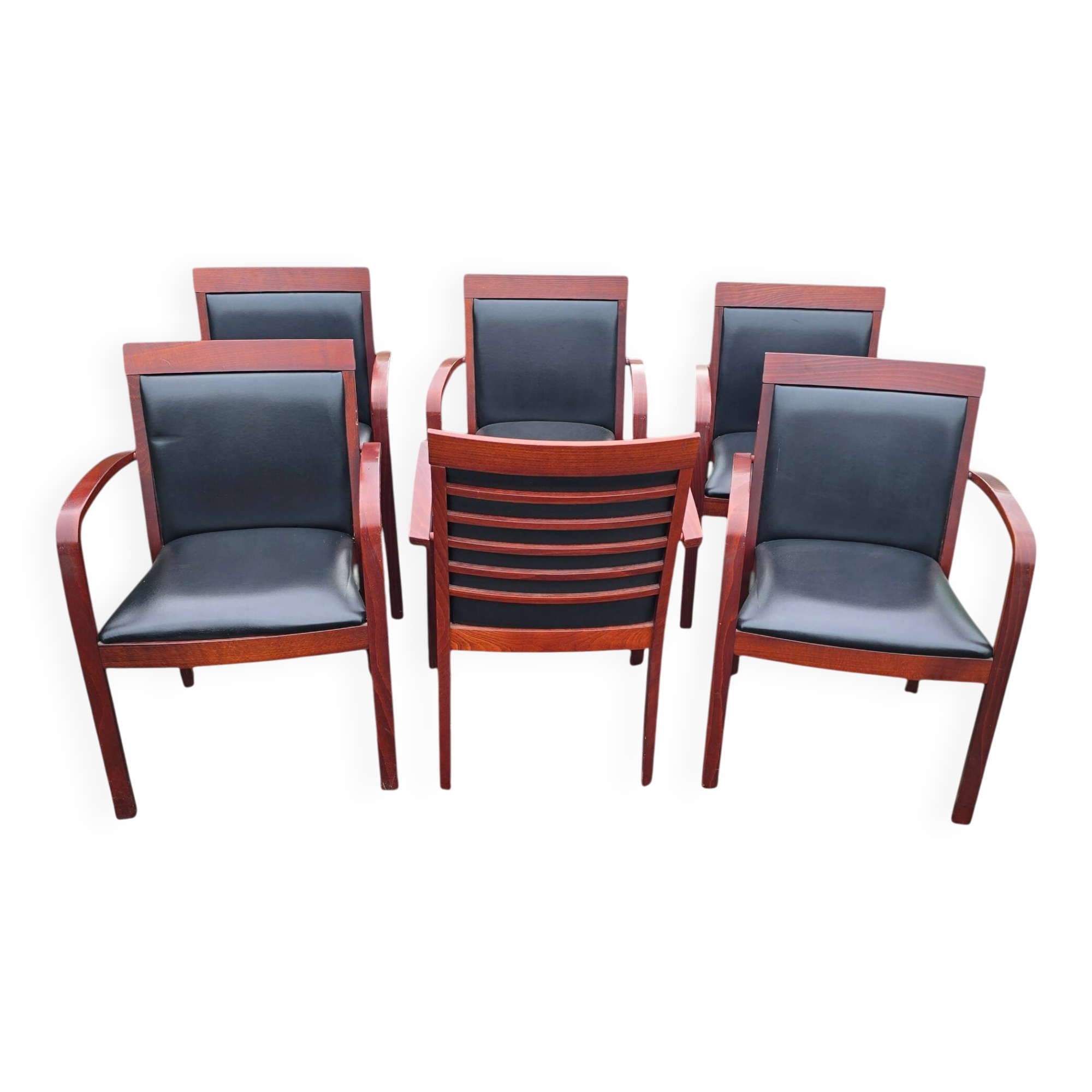 6 contemporary bridge chairs in mahogany wood and black leather