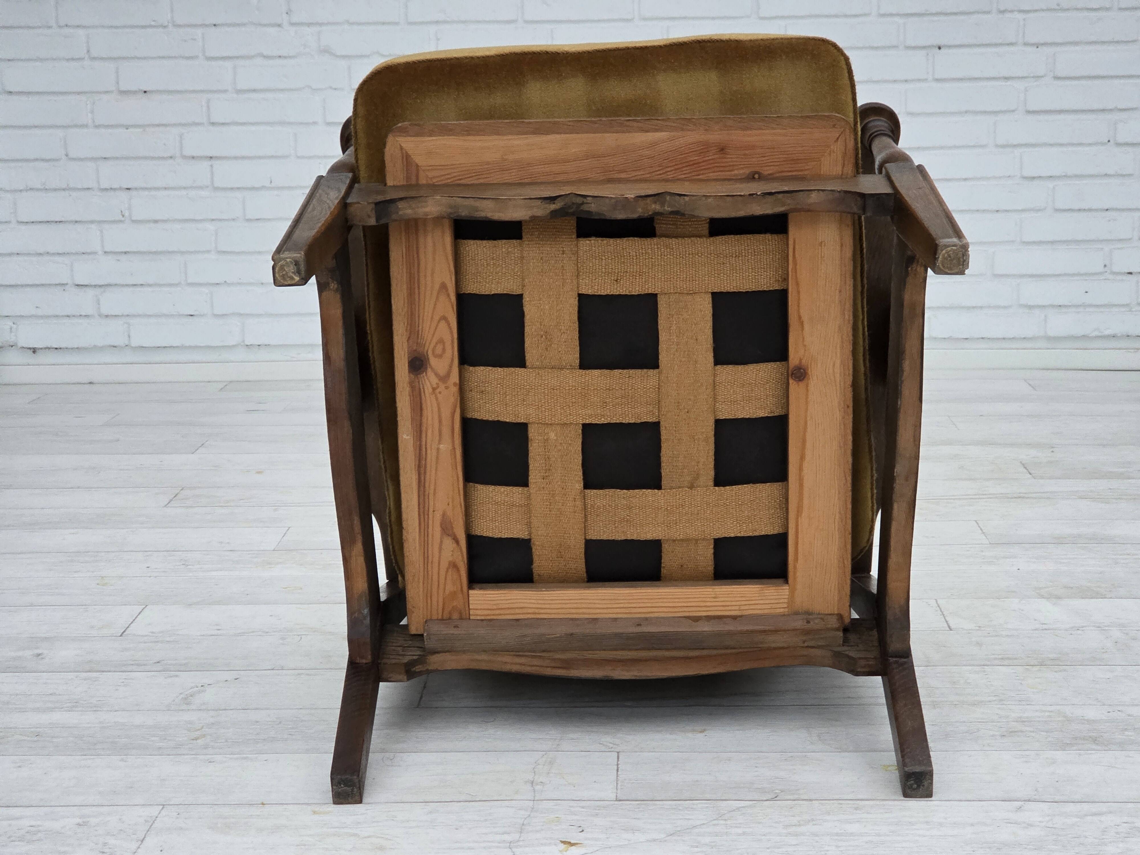 1950s, Danish vintage armchair, original green furniture velour, oak wood.