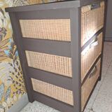 Wooden and wicker storage unit France 1980 / in dark brown repainted wood and 3 wicker drawers