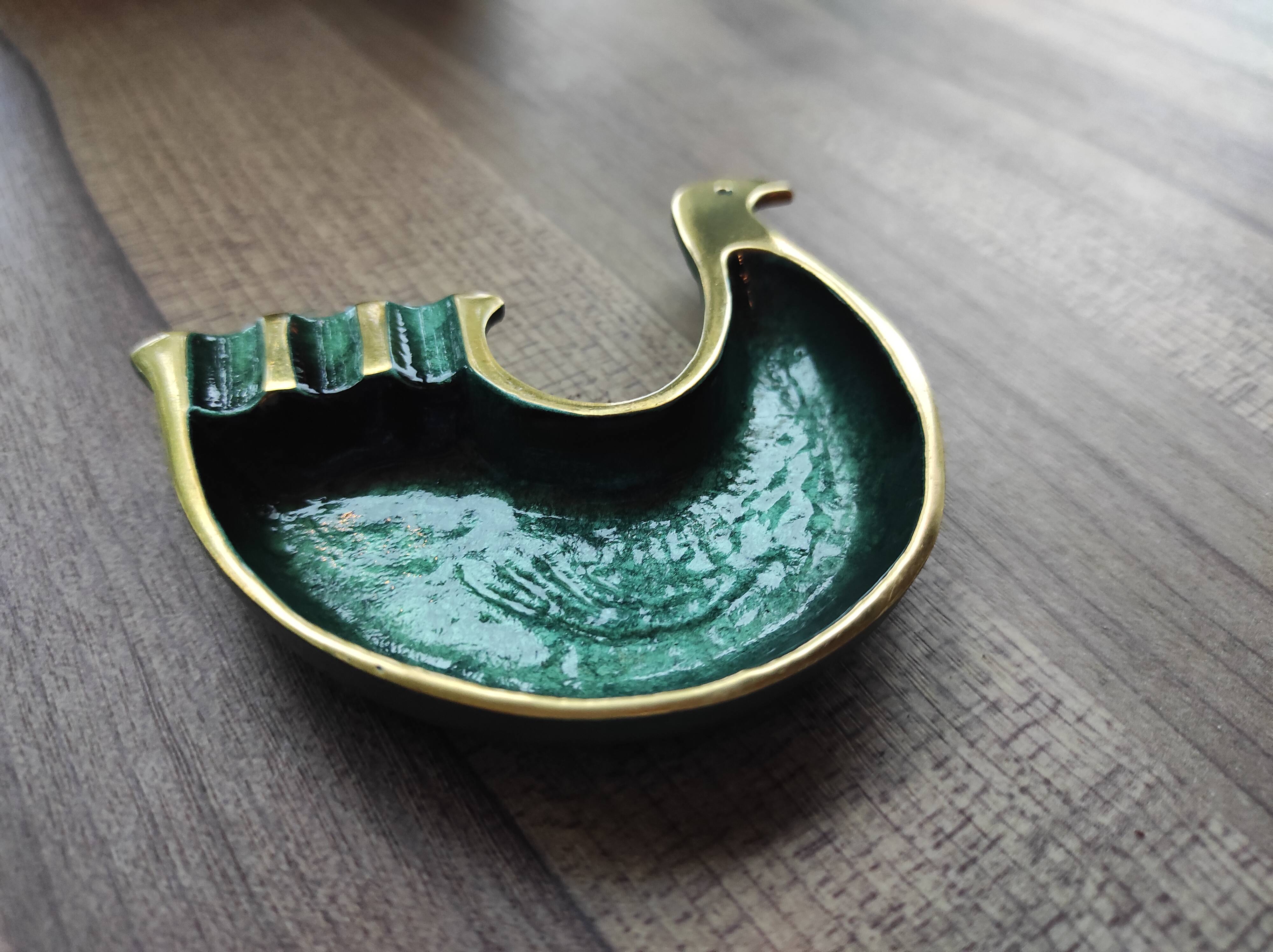 Decorative brass and green enamel bird-shaped ashtray